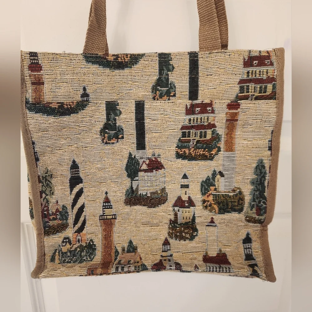 Women's Lighthouse Shopping Tote Beach Handbag Travel  Zippered W/ Coin Purse #O